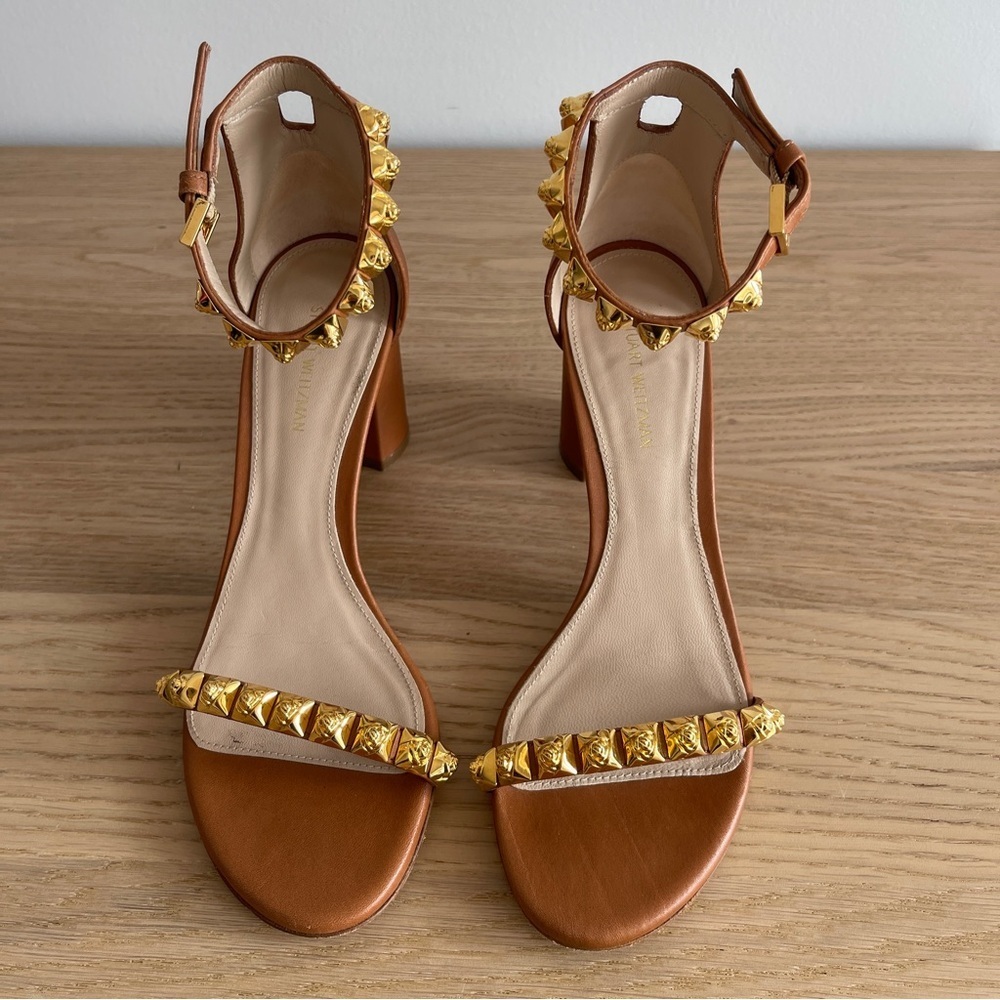 Stuart Weitzman rosemarie block heel cognac Brown Ankle Strap Sandals gold stud - Picture 2 of 12
